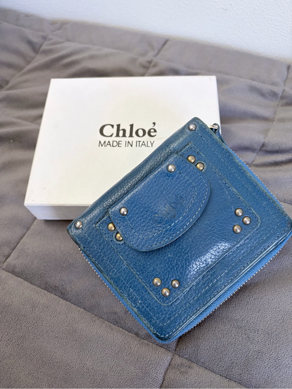 Chloé Blue Leather Studded Zip Wallet
